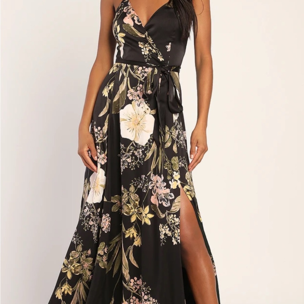 Lulu's Dark Floral Maxi Dress with Slit